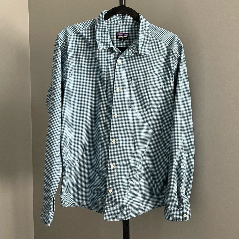 Patagonia Men's Blue Gingham Check Long Sleeve Button‎ Shirt Organic Cotton Med